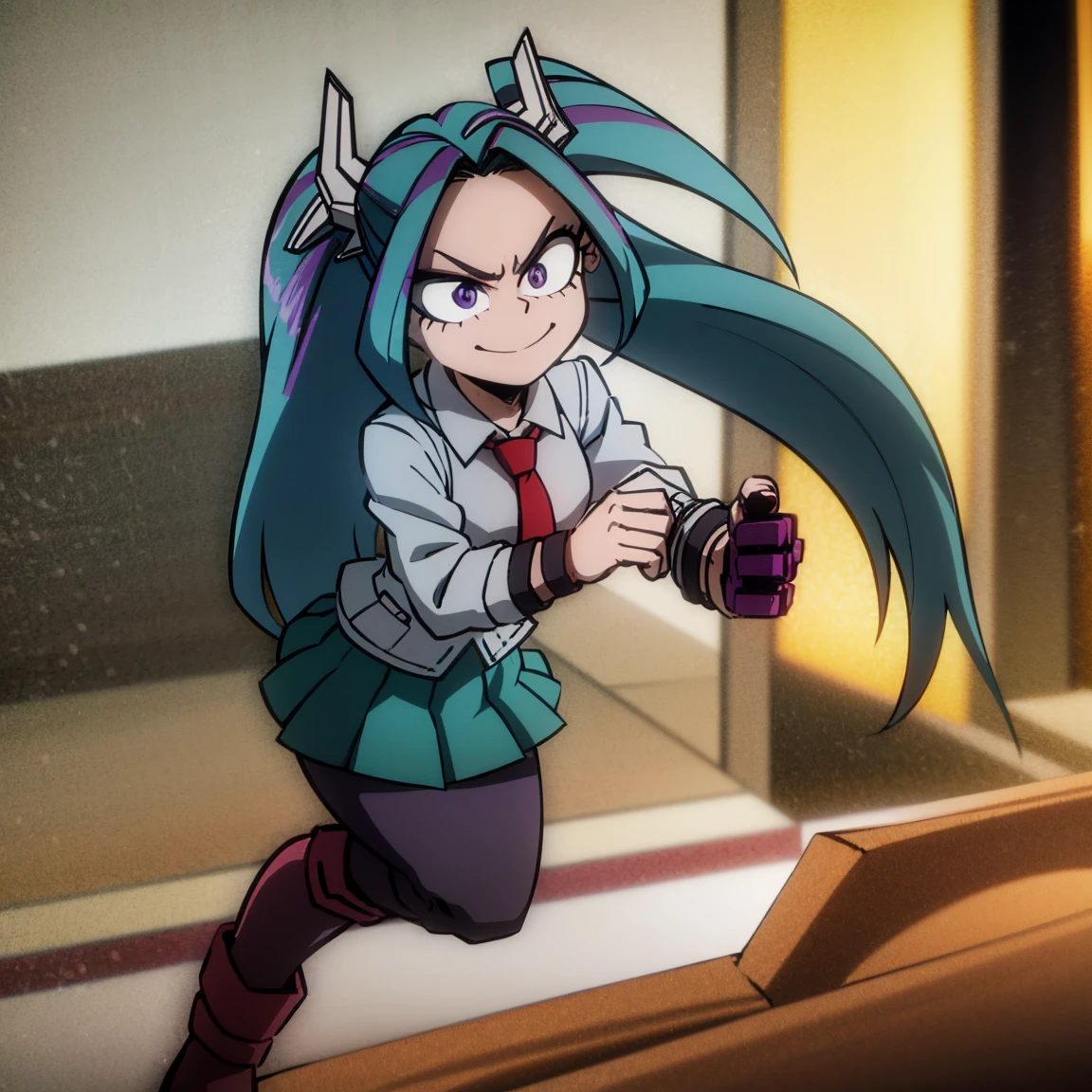 1girl, female focus, aria blaze, boku no hero academia, masterpiece, best quality, very aesthetic, absurdres, twintails hair, purple hair, lavender eyes, smirk, gray jacket, red tie, white shirt, teal skirt, gray tights, boots 