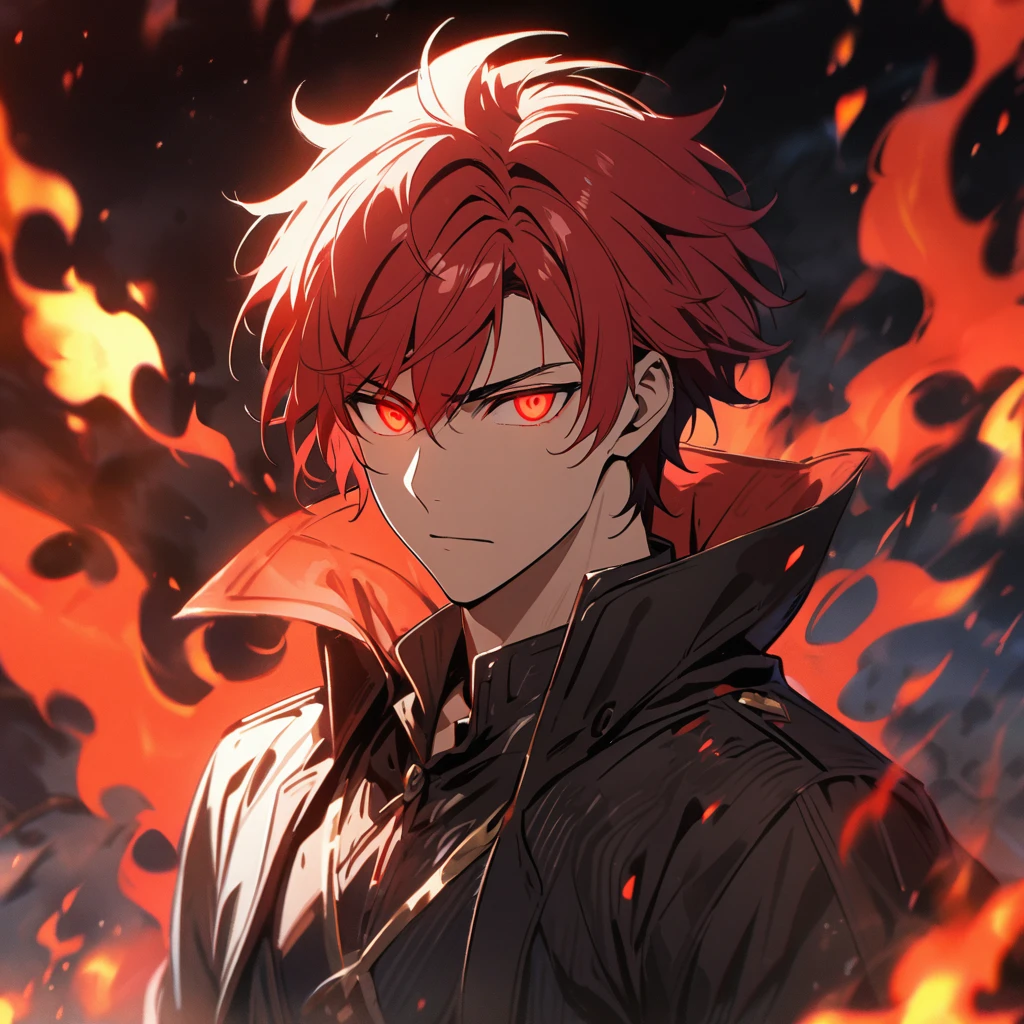 male, handsome, solo, 4K, red hair, short hair, red eyes, glowing eyes, flame, flame aura