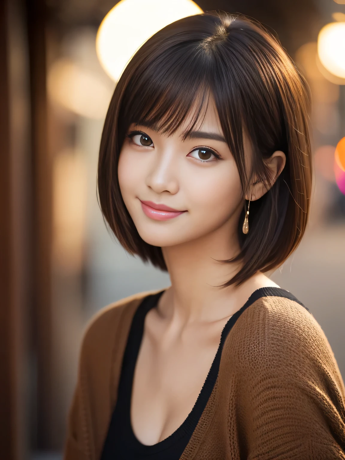 masterpiece, best quality, ultra-detailed, intricately detailed hyperdetailed, realistic, sharp features, highly detailed, sharp focus, 20 years old, Japanese,idol, perfect face, perfect face, perfect symmetrically perfect eyes, perfect full lips, flexible female form, film light, hyper detailed, hyper realistic, high resolution, vibrant, dynamic studio lighting, short hair, Brown Hair, Shoulder Length Layered, asymmetrical bangs, brown Eyes, (Impish Smile:1.2), cowboy shot, (black knit)