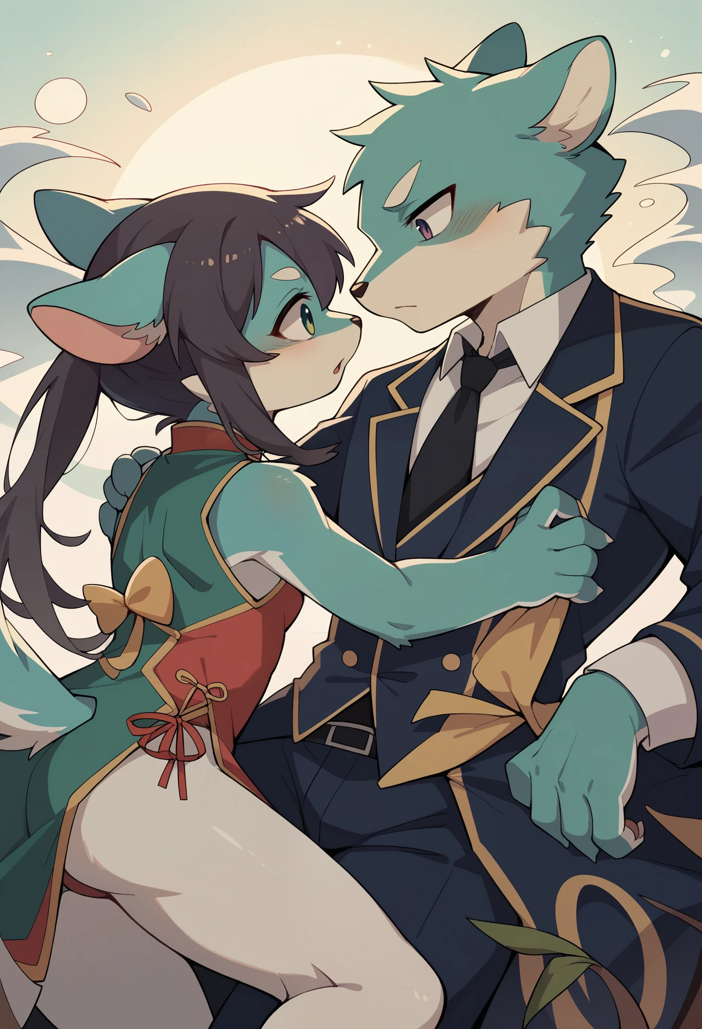 movie poster, movie artwork, concept art of love, romance novel cover, highres, top quality, best quality, perfect artwork, absurdres, perfect anatomy(couple, young 1male detective, 1woman in Chinese dress)(furry, kemono, anthro))with some elements of 007, battle,