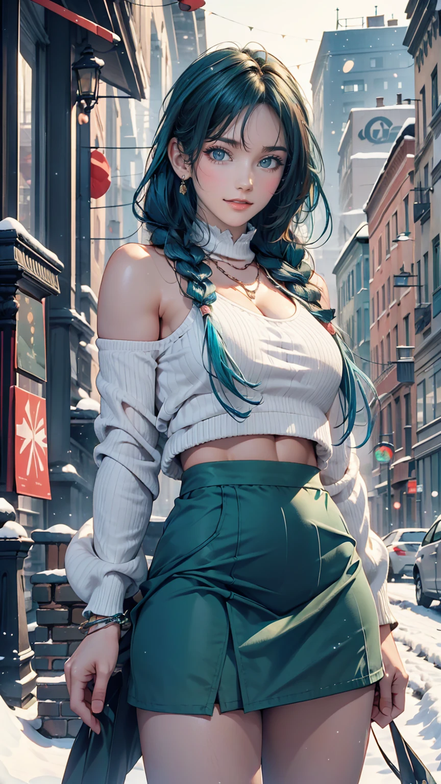 Highest quality,Ultra-high resolution,One girl,alone,whole body,snow,city,, Blue Hair,Green Eyes,JK,,Loose braids draped over the shoulders、Mini skirt thigh exposure