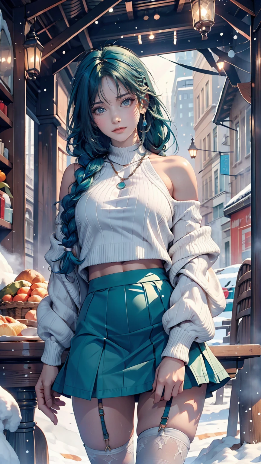 Highest quality,Ultra-high resolution,One girl,alone,whole body,snow,city,, Blue Hair,Green Eyes,JK,,Loose braids draped over the shoulders、Mini skirt thigh exposure