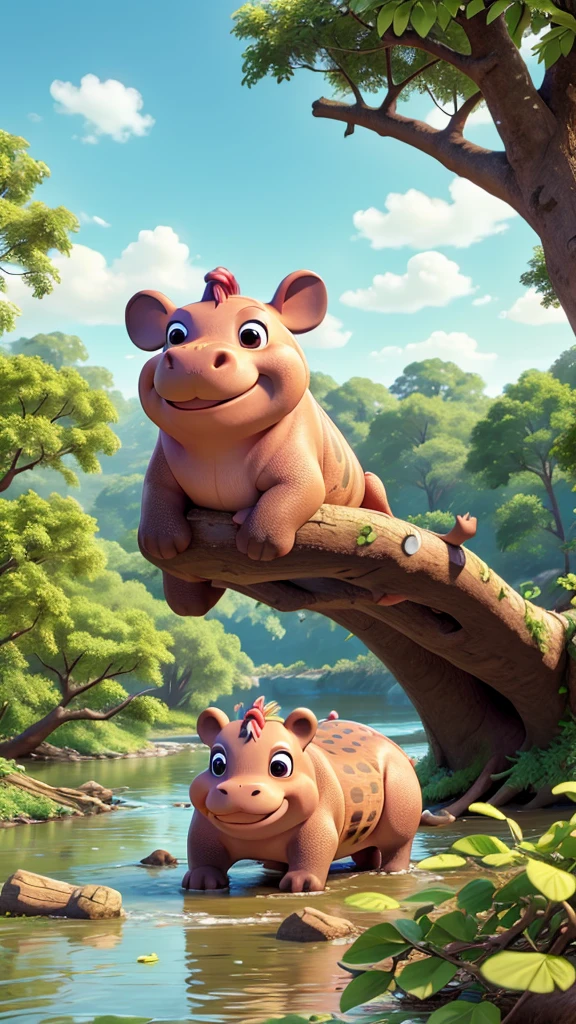 Hippopotamus, sunny, fallen tree on the river bank, optimistic exploration, wide river, beautiful flowers, fragrant smell, sharing flowers, optimistic smile