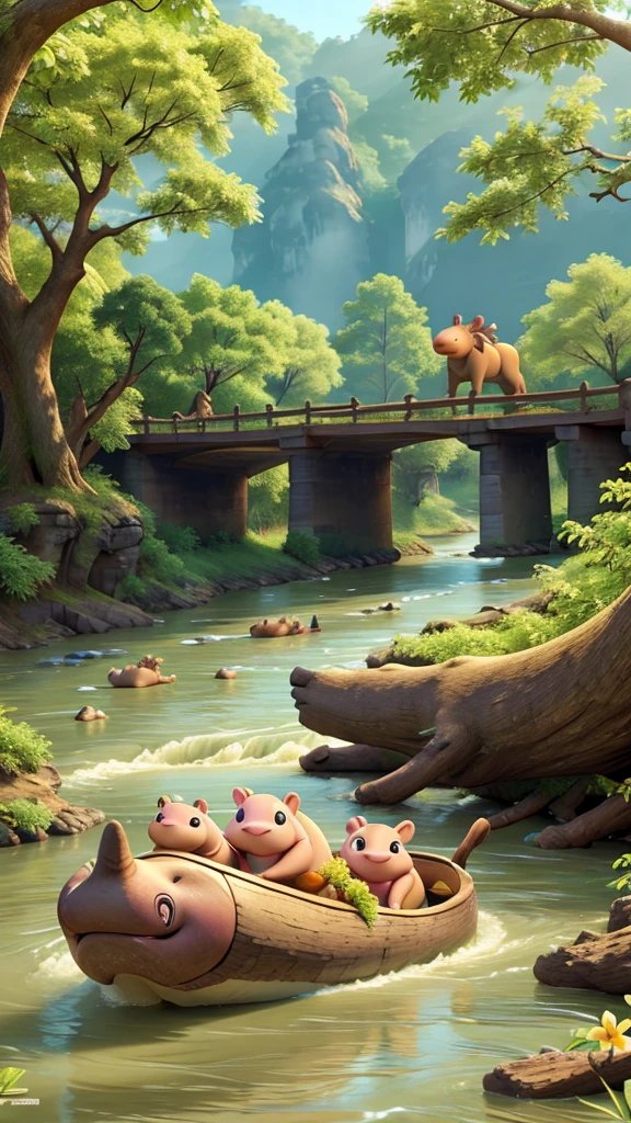 Hippopotamus, sunny, fallen tree on the river bank, optimistic exploration, wide river, beautiful flowers, fragrant smell, sharing flowers, optimistic smile