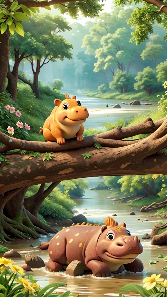 Hippopotamus, sunny, fallen tree on the river bank, optimistic exploration, wide river, beautiful flowers, fragrant smell, sharing flowers, optimistic smile