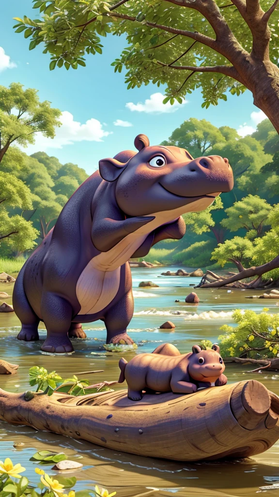 Hippopotamus, sunny, fallen tree on the river bank, optimistic exploration, wide river, beautiful flowers, fragrant smell, sharing flowers, optimistic smile