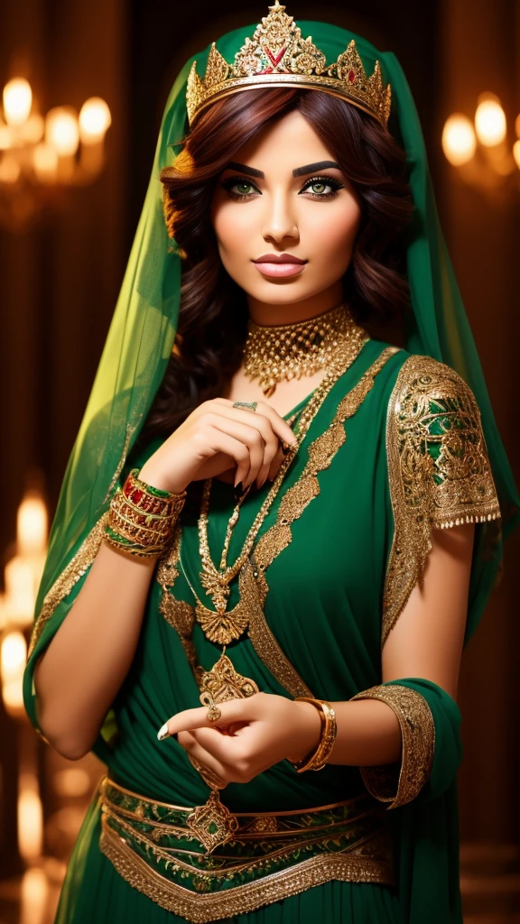 Arabic woman, beautiful green eyes, short red hair, a crown in one of her hand