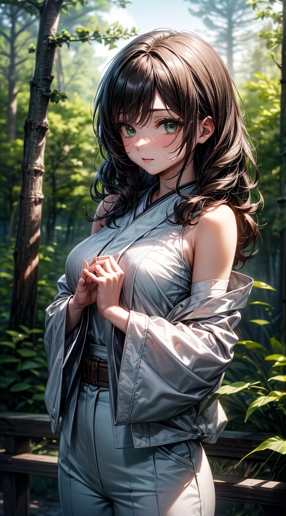 8k, Highest quality, masterpiece, Very detailed, Semi-realistic, girl, girl, 20-year-old, Look at your hands, Long dark brown hair with bangs, Curly Hair, Green Eyes, Black Japanese-style cut clothes, White pants, Bare shoulders, golden details, Cold look, Battle Scenes, Outdoor, Forest Background, Lots of trees and dark skies