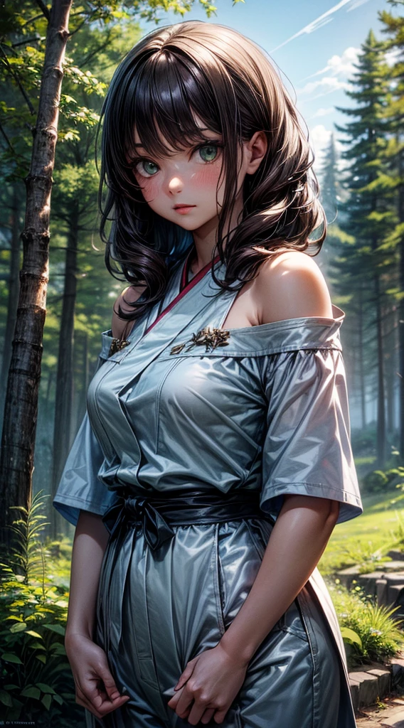 8k, Highest quality, masterpiece, Very detailed, Semi-realistic, girl, girl, 20-year-old, Look at your hands, Long dark brown hair with bangs, Curly Hair, Green Eyes, Black Japanese-style cut clothes, White pants, Bare shoulders, golden details, Cold look, Battle Scenes, Outdoor, Forest Background, Lots of trees and dark skies