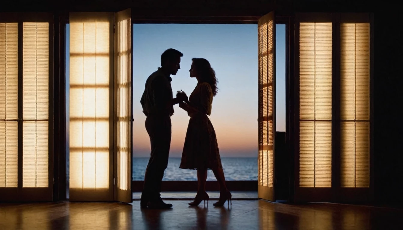Visualize the dark silhouette of one woman and one man in room who talk to each other in backlit at night.There are two people in room who talk to each other in the ((darkened)) room, silhouettes of a man and the woman, soft moonlight through shutters, backlit, cinematic sunset light, shutters, back lit, intense moonlight, very realistic film still, favorite scene, perfectly lit. movie still, back - lit, digitally enhanced Shutters in the background. A silhouettes of a man and woman are who talk to each other in the background is shutters. The light of the moon shines through the shutters. Light filtering in through a shutters, the shadow of the shutter is drawn on the wall and on the man and woman. Backlight, silhouettes of the man and woman. hyper detailed,sfumato, chiaroscuro,Sharp focus, depth of field, lifelike textures, best shadows, best quality. Warm color tones. Realism, photorealism, hyperrealism,sharp focus, wide angle, insanely intricate details, analog, film grain, dslr, raw photo, hdr, uhd, 8k, 35 mm film,photographed on Nikon