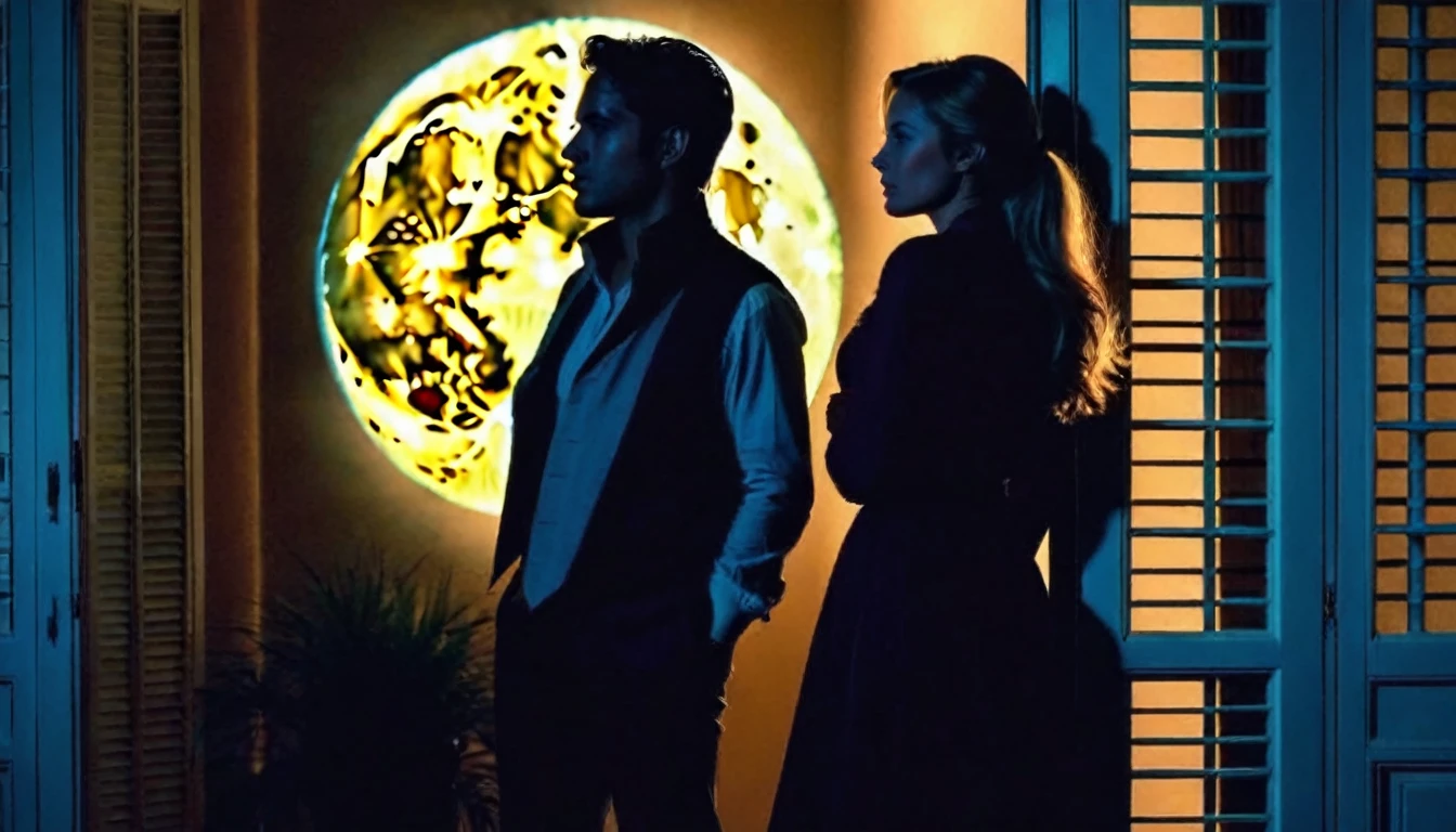 Visualize the dark silhouette of one woman and one man in room who talk to each other in backlit at night.There are two people in room who talk to each other in the ((darkened)) room, silhouettes of a man and the woman, soft moonlight through shutters, backlit, cinematic sunset light, shutters, back lit, intense moonlight, very realistic film still, favorite scene, perfectly lit. movie still, back - lit, digitally enhanced Shutters in the background. A silhouettes of a man and woman are who talk to each other in the background is shutters. The light of the moon shines through the shutters. Light filtering in through a shutters, the shadow of the shutter is drawn on the wall and on the man and woman. Backlight, silhouettes of the man and woman. hyper detailed,sfumato, chiaroscuro,Sharp focus, depth of field, lifelike textures, best shadows, best quality. Warm color tones. Realism, photorealism, hyperrealism,sharp focus, wide angle, insanely intricate details, analog, film grain, dslr, raw photo, hdr, uhd, 8k, 35 mm film,photographed on Nikon