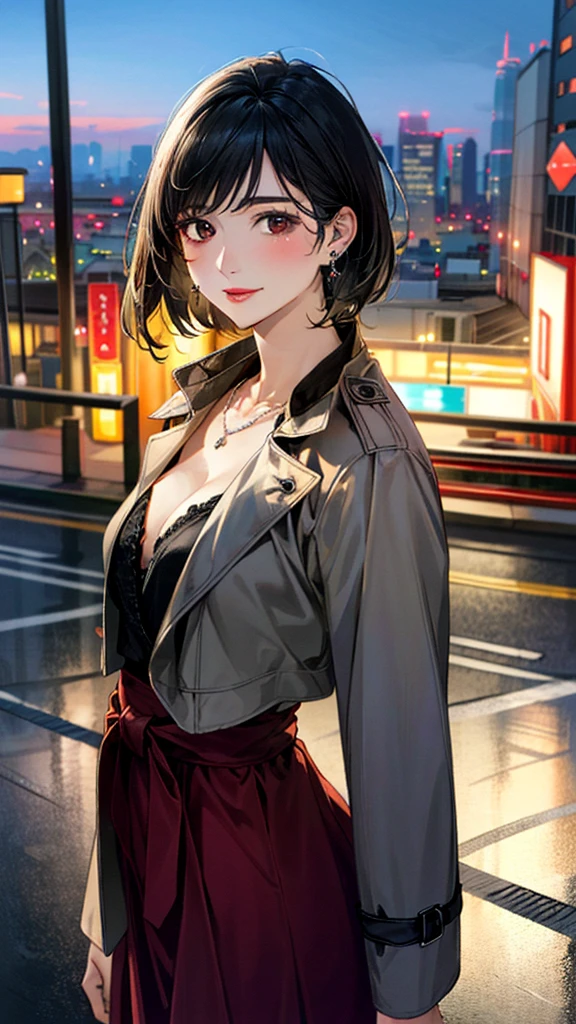 (masterpiece:1.3, Highest quality, Ultra-high resolution, Super detailed), (Realistic, photoRealistic:1.4), Beautiful illustrations, (Natural Side Lighting, Cinema Lighting), colorful, Depth of written boundary,
Beautiful detailed hair, Beautifully detailed face, Beautiful fine details, Beautiful clavicle, Beautiful body, 美しいLarge Breasts, Beautiful thighs, Beautiful feet, Beautiful fingers,
View Viewer、Front view:0.8, Beauty1人, Japanese, Beauty、30 years old, Perfect Face, (Perfect Anatomy, Anatomically correct), Cute and symmetrical face, Baby Face, , Shiny skin,
((Open Court、Trench coat 1.4)), (knit、Long skirt 1.4)
(Black Hair, Short Hair:1.4), Dark brown eyes, Large Breasts, Slim body,
necklace, (Small earrings:1.3),
(Beautiful views), (night), (city, cityscape in the distance), Standing with good posture, A soft smile、(Smile, Lips parted),