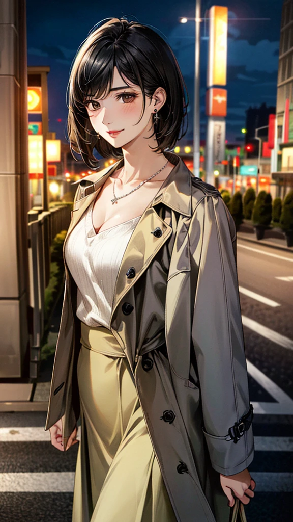 (masterpiece:1.3, Highest quality, Ultra-high resolution, Super detailed), (Realistic, photoRealistic:1.4), Beautiful illustrations, (Natural Side Lighting, Cinema Lighting), colorful, Depth of written boundary,
Beautiful detailed hair, Beautifully detailed face, Beautiful fine details, Beautiful clavicle, Beautiful body, 美しいLarge Breasts, Beautiful thighs, Beautiful feet, Beautiful fingers,
View Viewer、Front view:0.8, Beauty1人, Japanese, Beauty、30 years old, Perfect Face, (Perfect Anatomy, Anatomically correct), Cute and symmetrical face, Baby Face, , Shiny skin,
((Open Court、Trench coat 1.4)), (knit、Long skirt 1.4)
(Black Hair, Short Hair:1.4), Dark brown eyes, Large Breasts, Slim body,
necklace, (Small earrings:1.3),
(Beautiful views), (night), (city, cityscape in the distance), Standing with good posture, A soft smile、(Smile, Lips parted),