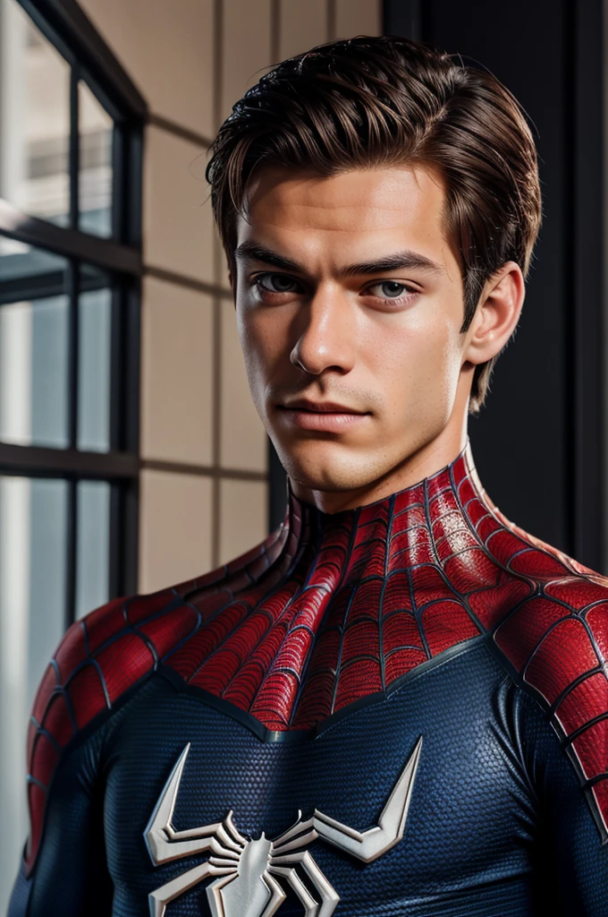 A photograph of spider man, no mask, 20 yo, handsome, detailed face, looking at camera, portrait, 8k uhd, high quality