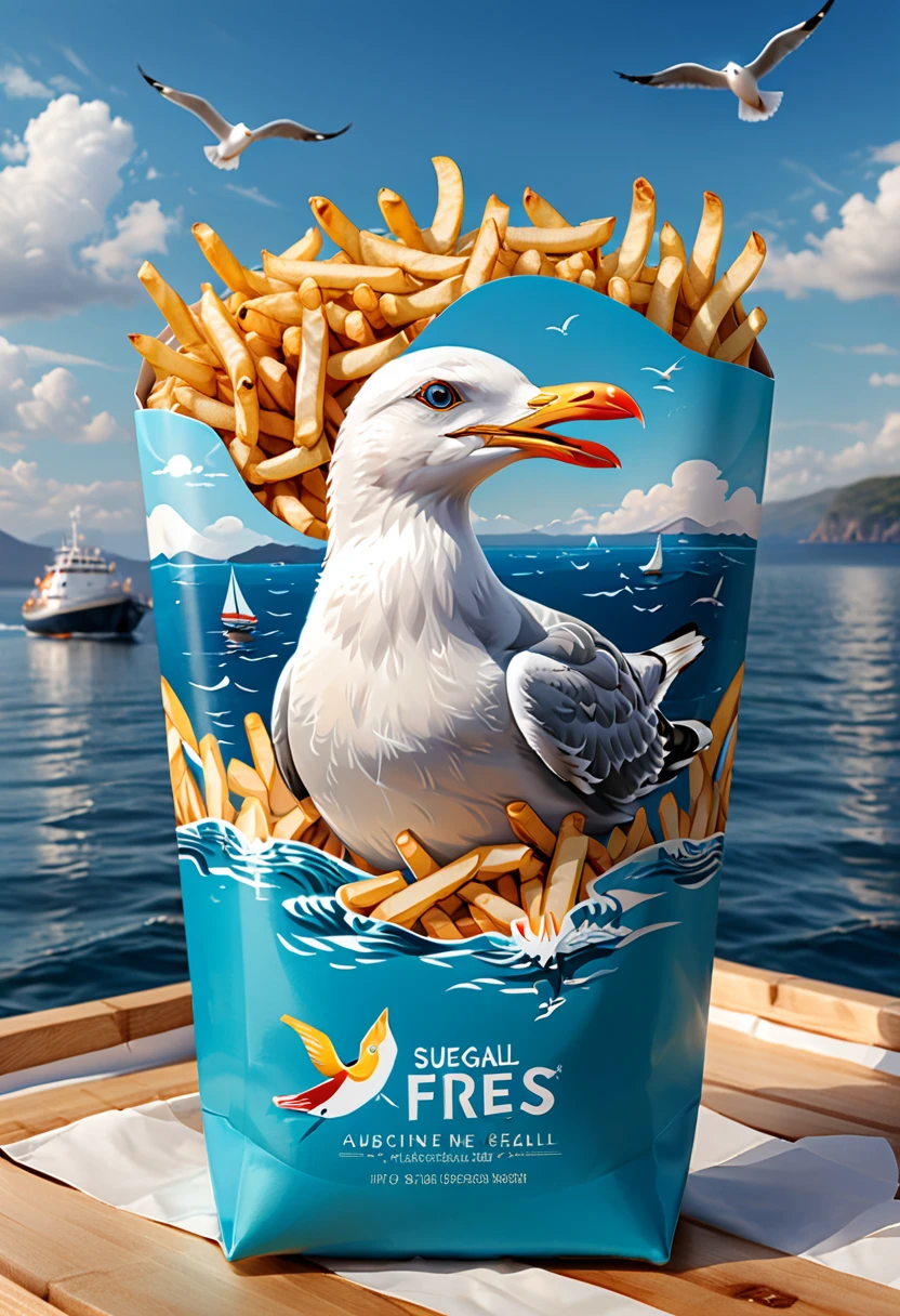 Modern packaging design, Fries packaging, (Seagull on liner), illustration, sea background, HD resolution, simple style, actual, Natural light, (masterpiece, best quality, Professional, perfect composition, very aesthetic, absurdres, ultra-detailed, intricate details:1.3)