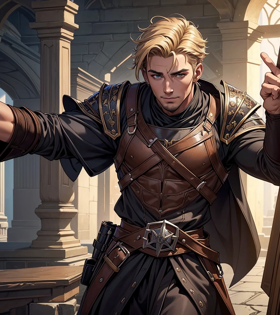 (((Solo character image.))) (((Generate a single character image.))) (((Dressed in medieval fantasy attire.))) (((Looks like Adam Senn.))) (((18 years old.))) (((18yo.))) (((Dressed in medieval fantasy attire.))) (((Body of a male fitness model.))) Generate an exciting male character for a dark fantasy realm. This character is rugged, enthusiastic and exciting. He is considered extremely handsome and sexy with a great smirk. best quality:1.0,hyperealistic:1.0,photorealistic:1.0,madly detailed CG unity 8k wallpaper:1.0,masterpiece:1.3,madly detailed photo:1.2, hyper-realistic lifelike texture:1.4, picture-perfect:1.0,8k, HQ,best quality:1.0,, best quality:1.0,hyperealistic:1.0,photorealistic:1.0,madly detailed CG unity 8k wallpaper:1.0,masterpiece:1.3,madly detailed photo:1.2, hyper-realistic lifelike texture:1.4, picture-perfect:1.0,8k, HQ,best quality:1.0,
