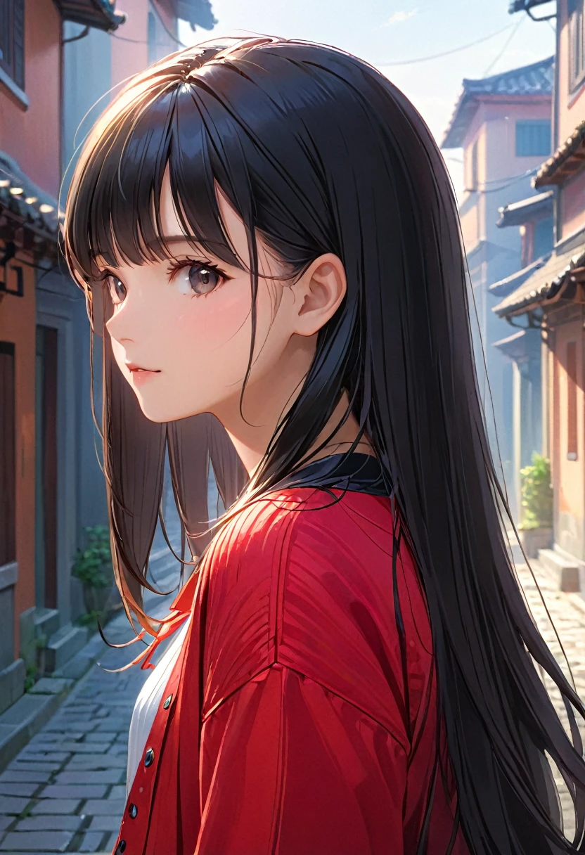 (masterpiece, best quality:1.6), cute eyes, beautiful eyes, ultra detailed face, beautiful face, raw photo, incredibly absurdres, backlighting, highres, sharp focus, highest detailed, 
BREAK 1girl, long hair, black hair, straight hair, blunt bangs, 
meca clothes, 
BREAK from side, cowboy shot, 
