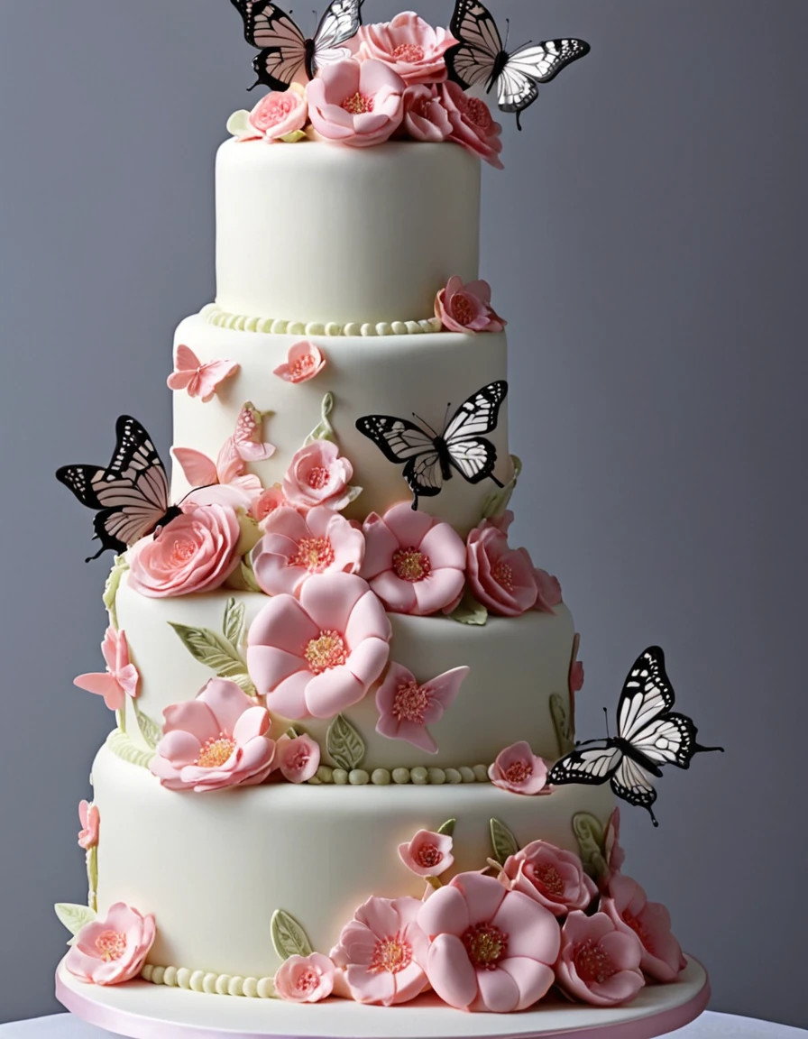 there is a white cake with pink flowers and butterflies on it, cake art, cakes, cake, cake sculpture, flowers and butterflies, elegant highly detailed, highly detailed!!, decorated with flowers, perfectly detailed, immaculately detailed, elegant. highly detailed, wow it is beautiful, beutiful!, birthday cake, beautifully lit, exquisitely detailed, highly detailed!!!
