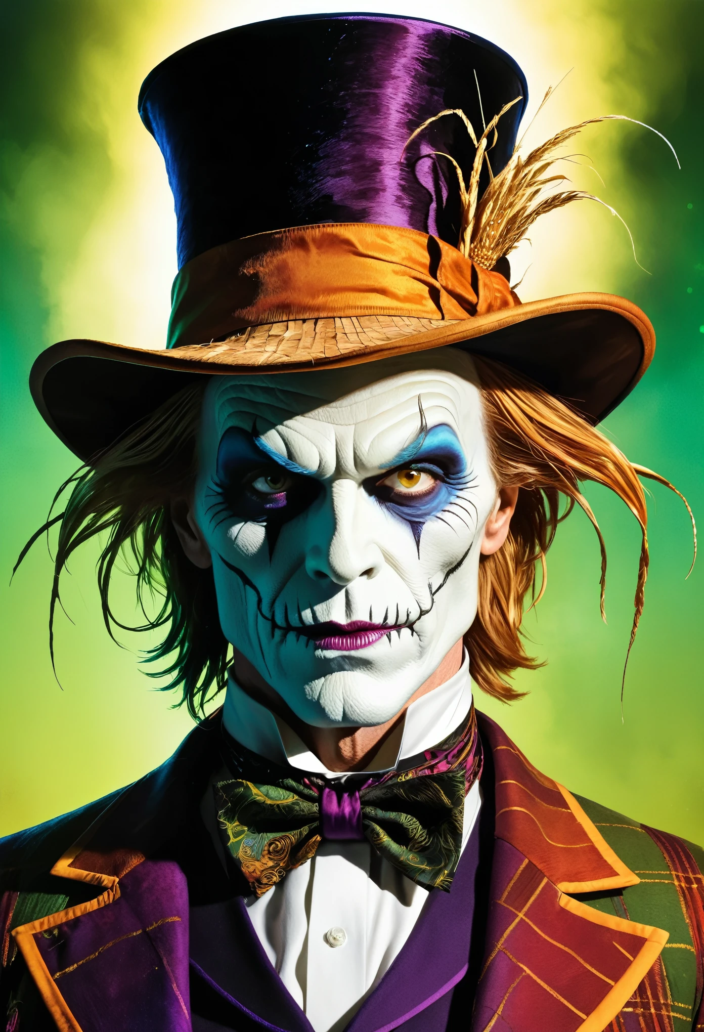 Close-up of a man wearing a top hat, john picacio and brom, Willem Dafoe as Scarecrow, Best behance, GoingInsane, josan gonzalez 和 tyler edlin, author：Jack Davis,, role conception, ember, bright and bold colors, Macro lens, Dark Fantasy, Decorative punk, Movie, Digital SLR Camera, Bokeh, American Horror Story, yokel