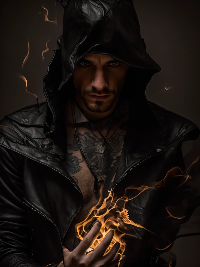 Man, 30 old, leather jacket and black T-short, tattoos , with a bat in his hands, flame 