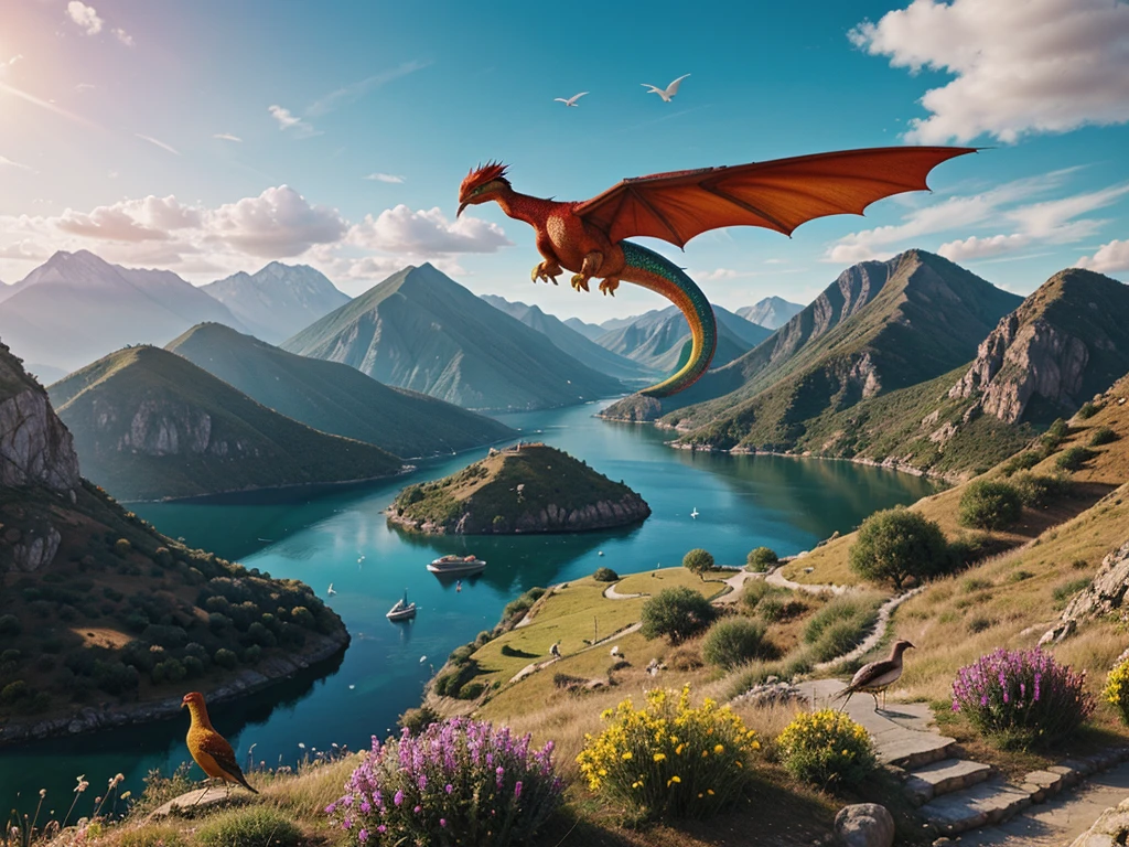 Colorful landscape with dragons and birds, arte digital