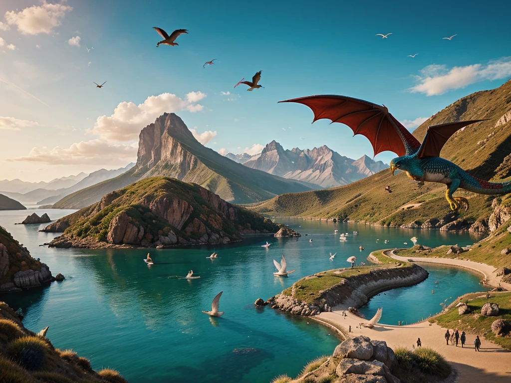 Colorful landscape with dragons and birds, arte digital