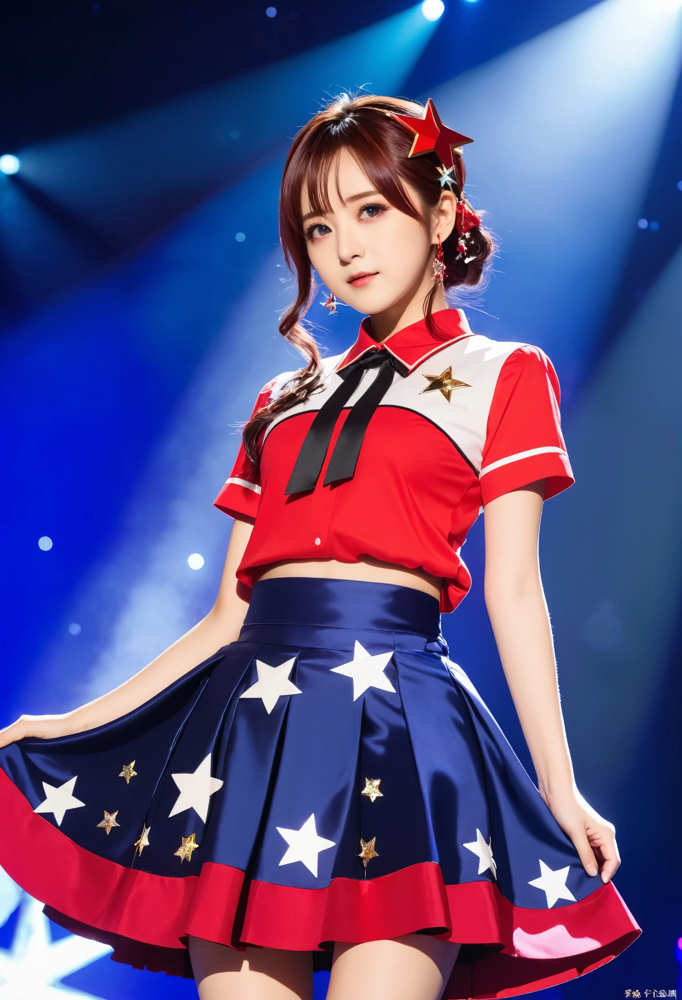 1 Girl, Solitary, best quality, masterpiece , Hoshino Ruby (Ruby Hoshino), Hair accessories, Sparkling eyes, Stars on the eyes, (There is a star in the right eye:1), (skirt:1.4), (Concert 1), on stage,