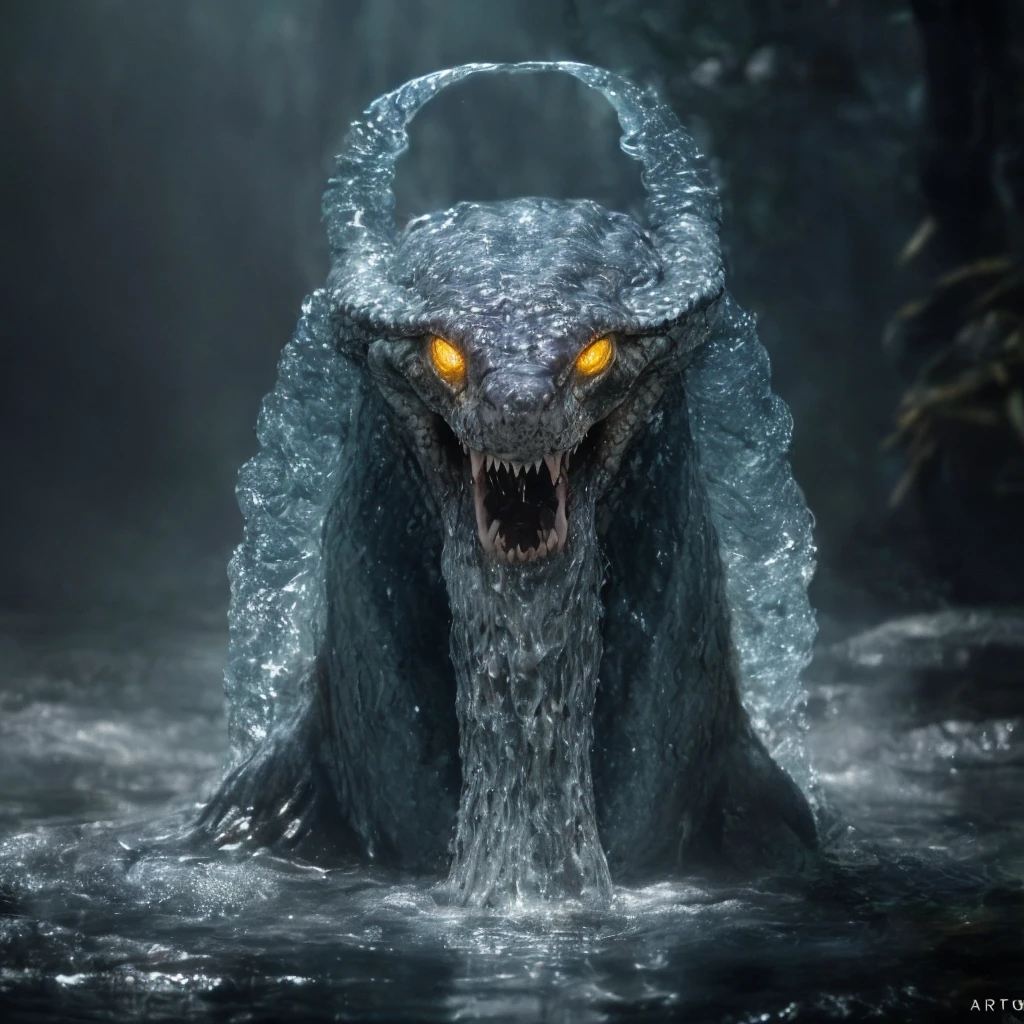 (masterpiece)+, (extremely (realistic)+,a portrait of an extremely ugly snake-like water elemental made out of water, water horns, semi-transparent, glowing yellow eyes, open mouth full of sharp teeth, Angry hungry stare. Looking at camera. volumetrics dtx, Photorealistic, ultra detailed, Artstation trending, very very detailed, realistic shaded lighting, dynamic shadows, detailed water pond background, upper body, professional photograph of a detailed skin, sharp focus, dramatic, award winning, cinematic lighting, octane render, unreal engine, volumetrics dtx, Photorealistic, ultra detailed, Artstation trending, very very detailed, hyperrealistic, fine details, realistic shaded lighting, dynamic shadows, water pond background, add_detail:1, skin pores and wrinkles, details.,