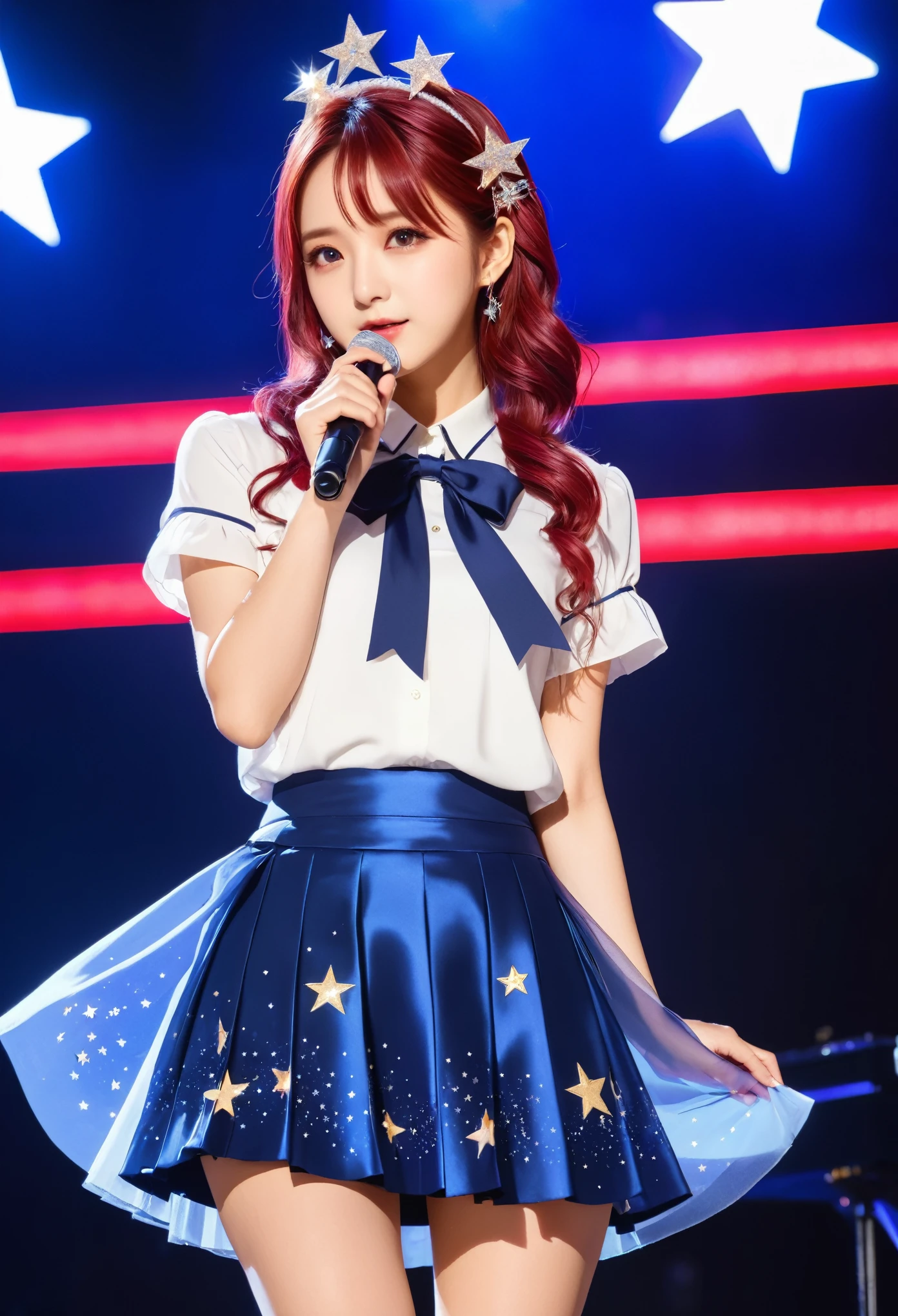 1 Girl, Solitary, best quality, masterpiece , Hoshino Ruby (Ruby Hoshino), Hair accessories, Sparkling eyes, Stars on the eyes, (There is a star in the right eye:1), (skirt:1.4), (Concert 1), on stage,