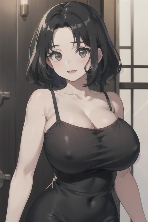 Highest quality, (masterpiece:1.2),
alone,Open your mouth、 smile,A 40-year-old Japanese woman with black hair、Very short hair、Mother、((part your bangs in the middle、Long Bangs、The forehead is visible, Perm Hair))、(Huge )、Long chest
(2-corner black camisole dress:1.2)
Are standing, Watching the audience,The whole body is visible、from the front