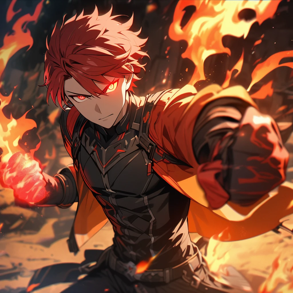 male, handsome, solo, 4K, red hair, short hair, red eyes, glowing eyes, flame, flame aura, flame punch