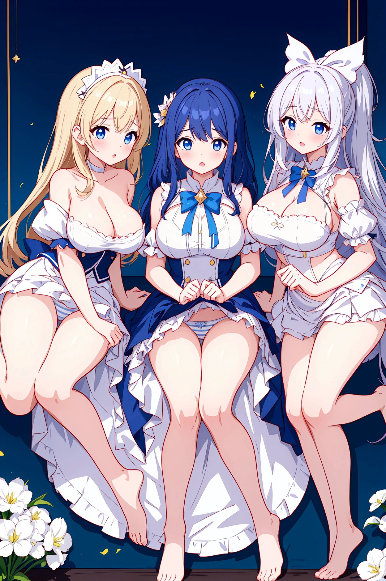 Plain white with big breasts emphasizedＴshirt、You can see the chest from the neck、Ultramarine and white striped mini skirt、When you lift up her skirt you can see her cute white frilly underwear.、barefoot、library、Three girls of different heights Magical girl with magic wand