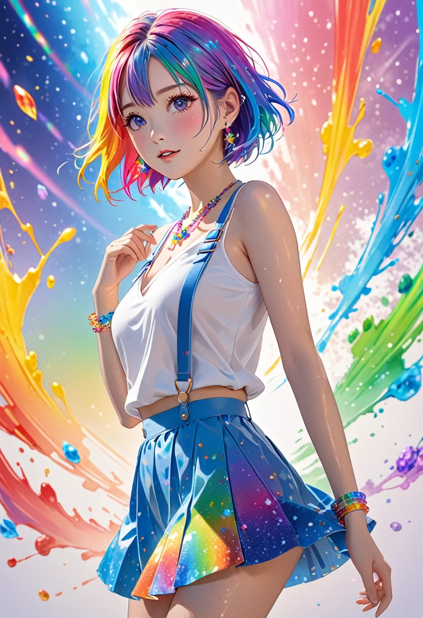 anime, 1 girl, japanese, full body picture, standing, posing for a picture, masterpiece,High resolution,8K,Art,digit,Three-dimensional,Realism,Kyoto Animation Style,your name movie style, ((Paint splashes,splash of color, Ink splash)),looking into camera,Soft Light,Glowing skin,(1 female: 1.3),(alone: 1.4),(((colorful hair))),((Colorful suspender skirt)),(Rainbow crystal hair clip),(Rainbow crystal small necklace),(Rainbow crystal small earrings),(Rainbow crystal bracelet),(Rainbow crystal ring),Long eyelashes,Slender legs,Short Bob,Close-up of upper body,Close-up,close view,colorful background,(Eyes as deep as the starry sky),(Shut up),(blush),(shy),(lovely and delicate)