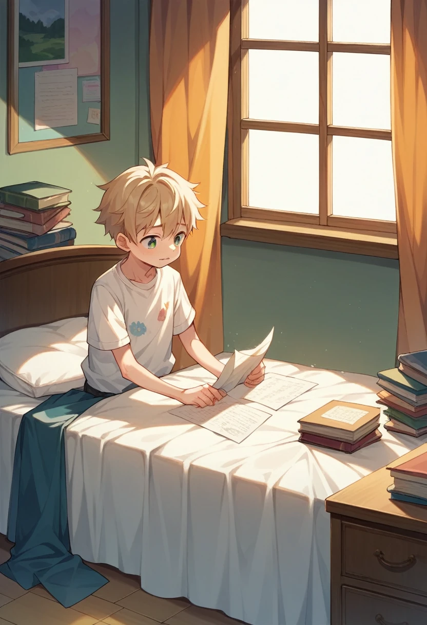 my room, desk on bed, window, certain, bed, books, paper, black mush hair young boy, 2d pastel matte painting, anime, masterpiece