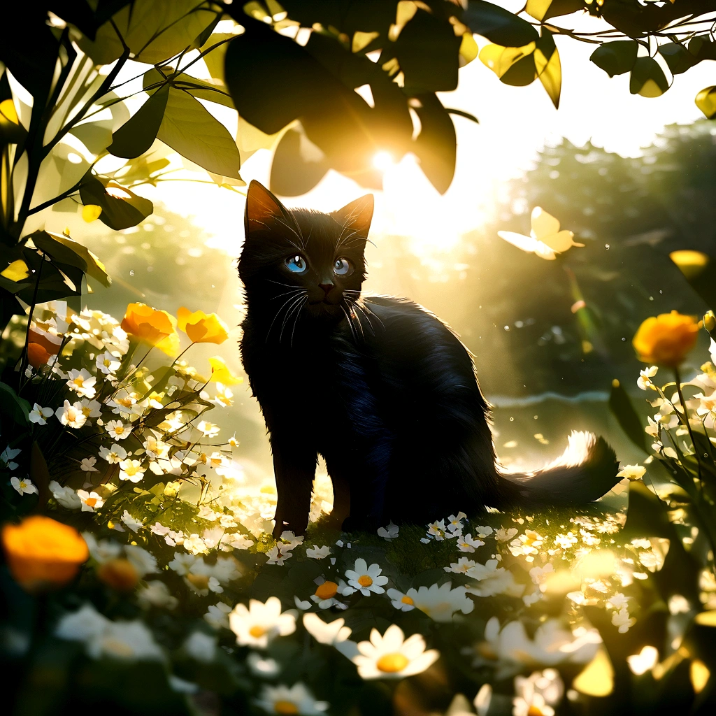 Playful kittens in a sunny garden, blooming flowers, butterflies, soft fur texture, Canon EOS R5, wide-angle lens, naturalistic photo style, whimsical mood, morning sunlight, shallow depth of field composition