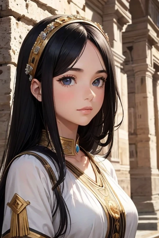 face of a girl with Mediterranean features, ancient Roman hair, ancient Rome, black hair