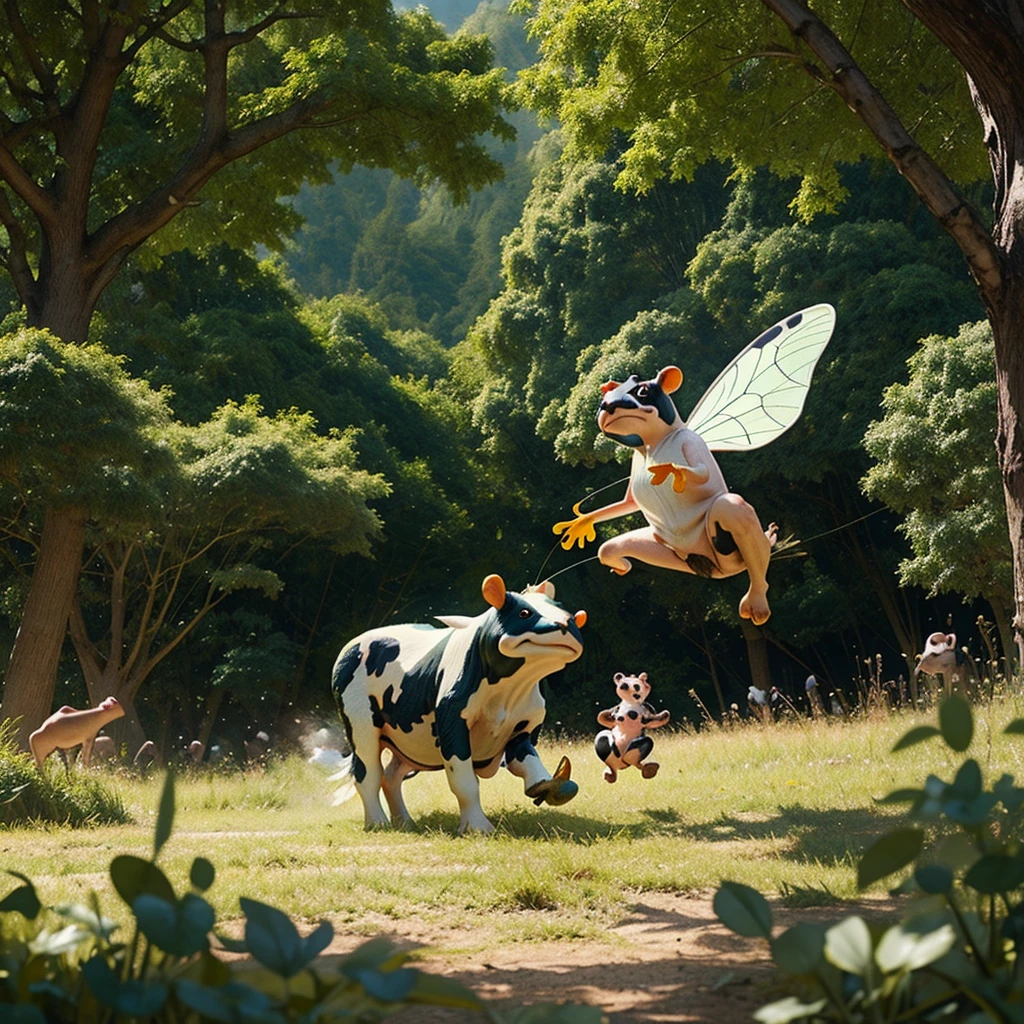 Flying fairy cow fighting with a big frog teacher, in the background we see green field some trees, highy detailed, UHD, 1080p, weird style, sci-fi, epic heroism