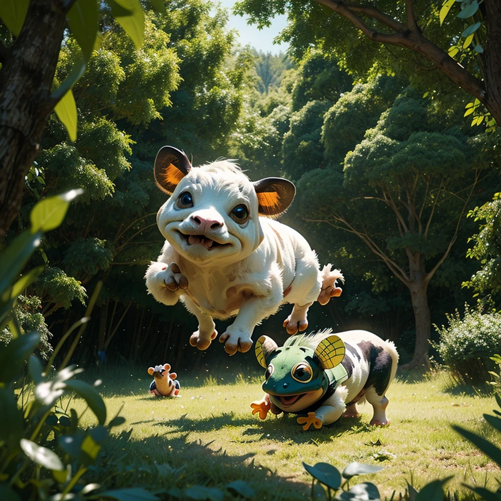 Flying fairy cow fighting with a big frog teacher, in the background we see green field some trees, highy detailed, UHD, 1080p, weird style, sci-fi, epic heroism
