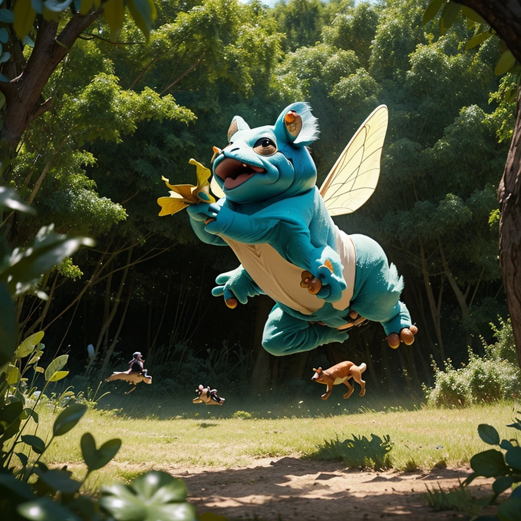Flying fairy cow fighting with a big frog teacher, in the background we see green field some trees, highy detailed, UHD, 1080p, weird style, sci-fi, epic  heroism