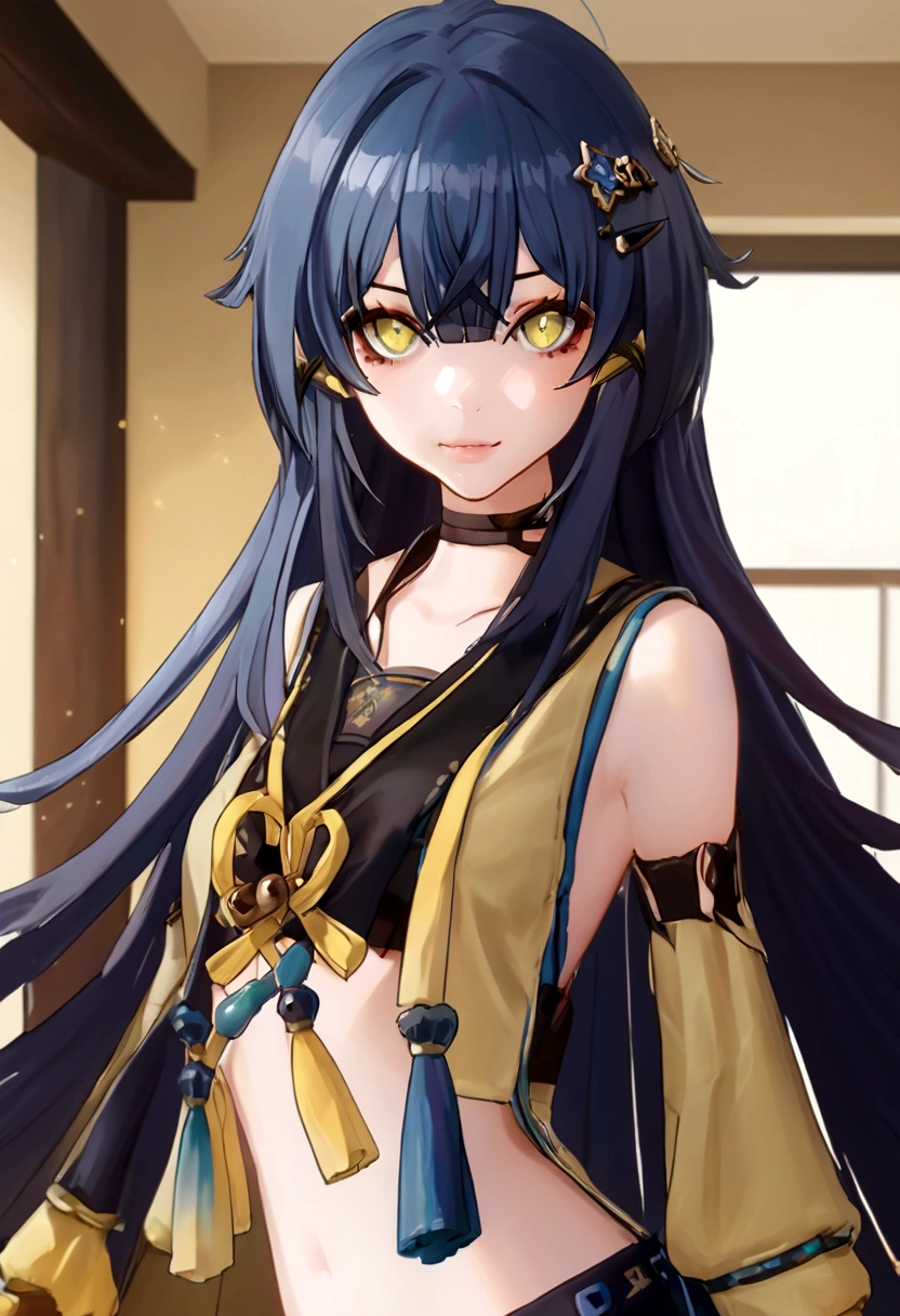 One with long, very long blue hair down to the floor, long, messy bangs, two-colored eyes, yellow and blue, colors at home, eyes, panties and no blush blouse, showing her tits, nipples