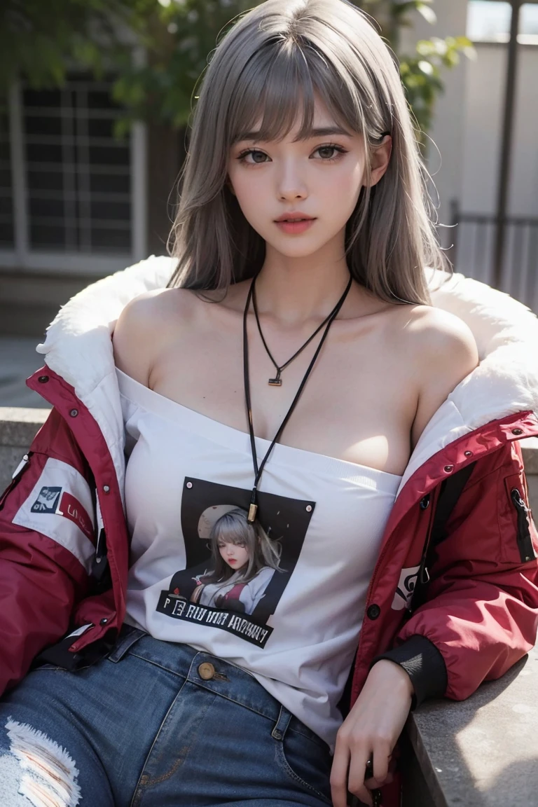 (masterpiece), (best quality), (ultra detailed),(illustration), (1girl),looking at viewer, (interview),beautiful detailed eyes, delicate beautiful face, Floating,(high saturation),(shining), large breast, frimadef, grey hair, white shirt, red jacket, fur trim, open clothes, off shoulder, black pants, torn pants, necklace, sleep mask, smiled