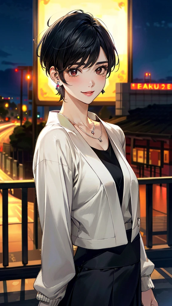 (masterpiece:1.3, Highest quality, Ultra-high resolution, Super detailed), (Realistic, photoRealistic:1.4), Beautiful illustrations, (Natural Side Lighting, Cinema Lighting), colorful, Depth of written boundary,
Beautiful detailed hair, Beautifully detailed face, Beautiful fine details, Beautiful clavicle, Beautiful body, 美しいLarge Breasts, Beautiful thighs, Beautiful feet, Beautiful fingers,
View Viewer、Front view:0.8, Beauty1人, Japanese, Beauty、30 years old, Perfect Face, (Perfect Anatomy, Anatomically correct), Cute and symmetrical face, Baby Face, , Shiny skin,
((Open Court、Short jacket 1.4)), (knit、Long skirt 1.4)
(Black Hair, Short Hair:1.4), Dark brown eyes, Large Breasts, Slim body,
necklace, (Small earrings:1.3),
(Beautiful views), (night), (city, cityscape in the distance), Are standing, A soft smile、(Smile, Lips parted),
