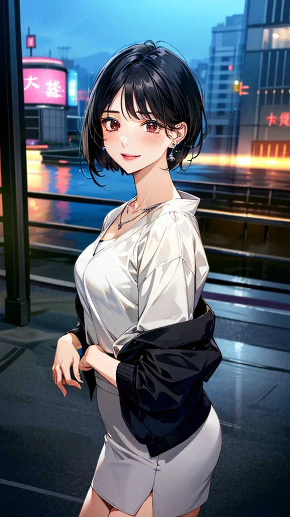 (masterpiece:1.3, Highest quality, Ultra-high resolution, Super detailed), (Realistic, photoRealistic:1.4), Beautiful illustrations, (Natural Side Lighting, Cinema Lighting), colorful, Depth of written boundary,
Beautiful detailed hair, Beautifully detailed face, Beautiful fine details, Beautiful clavicle, Beautiful body, 美しいLarge Breasts, Beautiful thighs, Beautiful feet, Beautiful fingers,
View Viewer、Front view:0.8, Beauty1人, Japanese, Beauty、30 years old, Perfect Face, (Perfect Anatomy, Anatomically correct), Cute and symmetrical face, Baby Face, , Shiny skin,
((Open Court、Short jacket 1.4)), (knit、Long skirt 1.4)
(Black Hair, Short Hair:1.4), Dark brown eyes, Large Breasts, Slim body,
necklace, (Small earrings:1.3),
(Beautiful views), (night), (city, cityscape in the distance), Are standing, A soft smile、(Smile, Lips parted),