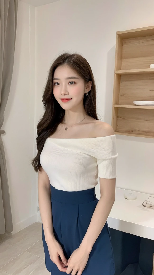 (Top quality, 8K, masterpiece:1.3)), A beautiful girl,Oval face,Gentle and lovely,sweet smile,full-body shot,Look directly into the camera,White, Inner Strength, formal,White pantyhose, long hair,Long hair on shoulders,Clear big eyes,Moisturizing red lips,Sweet,Blue sky白云,Blue sky,permanent