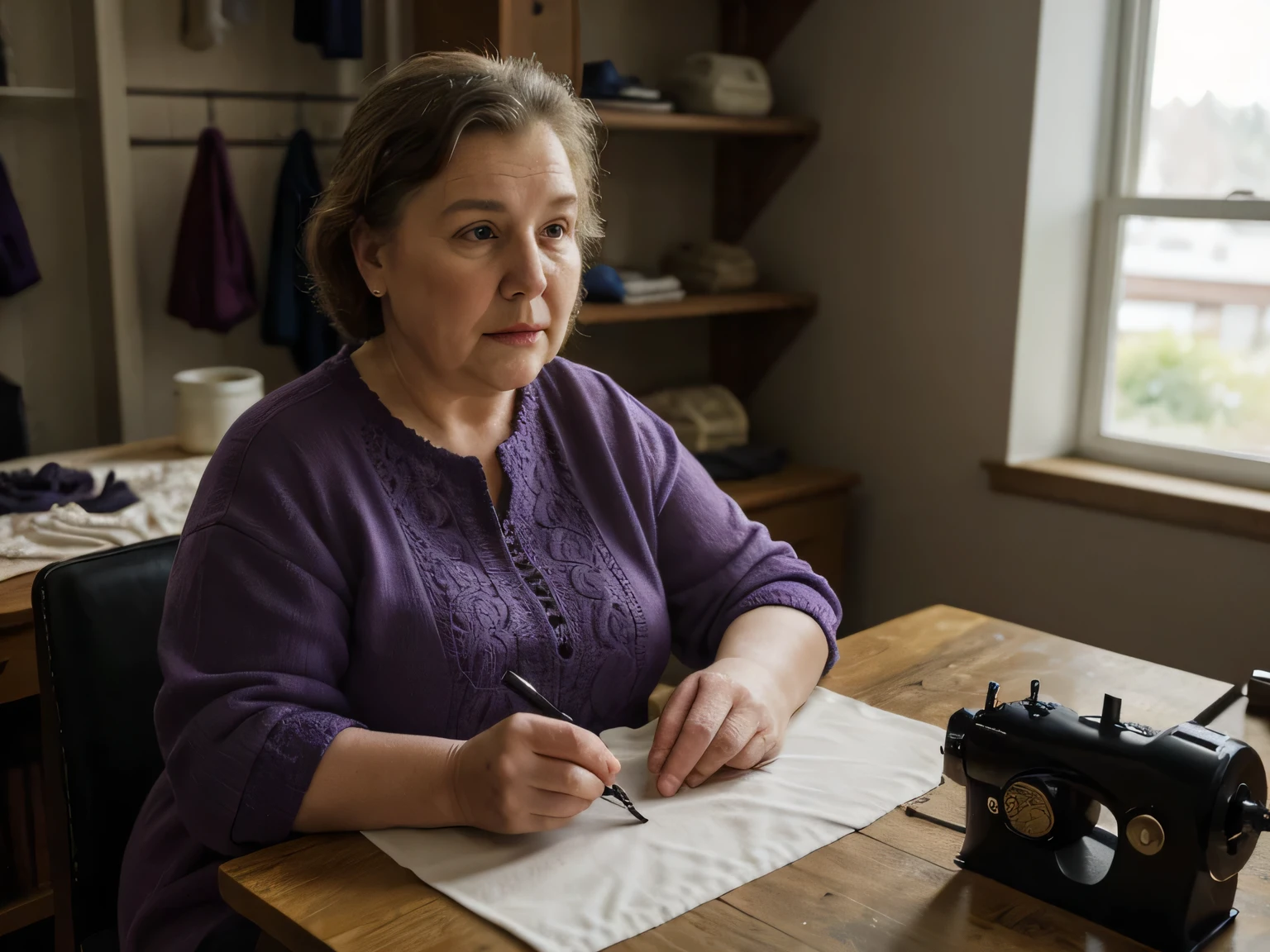 a wrinkled, overweight elderly caucasian woman in her 80s, wearing purple clothing, sitting inside her sewing shop in a pacific northwest town, masterpiece, hyper realistic, ultra detailed, 8k, photorealistic, professional lighting, dramatic cinematic lighting, warm color tones, intricate folds and textures of clothing, extremely detailed facial features and wrinkles, delicate hands, sewing machine and fabrics in the background, cozy and homey interior of the shop, hyperrealsitic