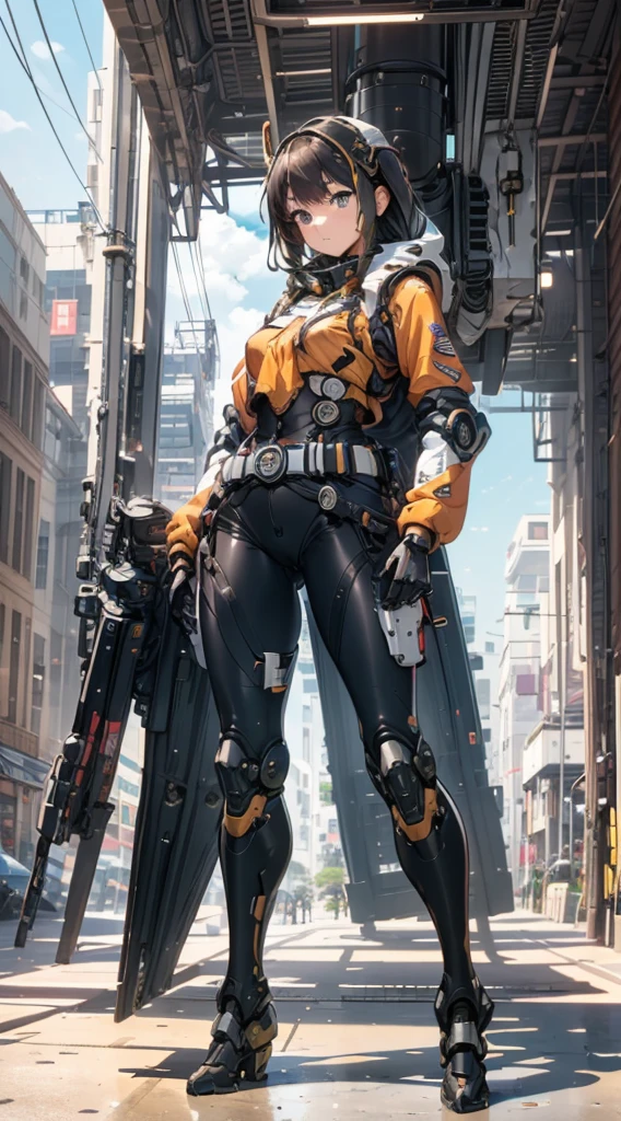 Girl standing in front of the mecha,Mech pilot,Rounded curves of the mecha,Mecha Background,Mechanical style background,Girl in tights standing in front of mecha,Cute mech,The girl in tights stands in front of the tall mecha,Behind the girl in tights is a mecha,Girl standing in front of the mecha,Girl standing in front of the mecha,Girl standing in front of the mecha,Mecha Background,The background is a mecha,Girl waist up close,Tilt view lens,Girl standing under the mecha