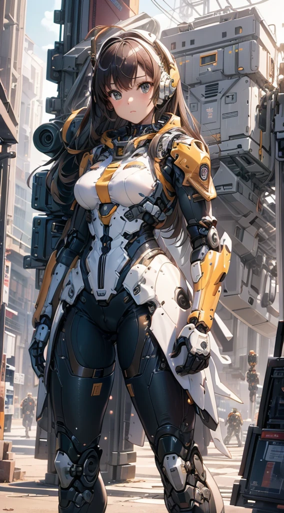 Girl standing in front of the mecha，Mech pilot，Rounded curves of the mecha，Mecha Background，Mechanical style background，Girl in tights standing in front of mecha，Cute mech，The girl in tights stands in front of the tall mecha，Behind the girl in tights is a mecha，Girl standing in front of the mecha，Girl standing in front of the mecha，Girl standing in front of the mecha，Mecha Background，The background is a mecha，Girl waist up close，Tilt view lens，Girl standing under the mecha