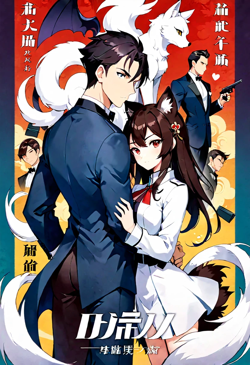 movie poster, movie artwork, concept art of love, romance novel cover, highres, top quality, best quality, perfect artwork, absurdres, perfect anatomy(couple, young 1male detective, 1woman in Chinese dress)(furry, kemono, anthro))with some elements of 007, battle,
