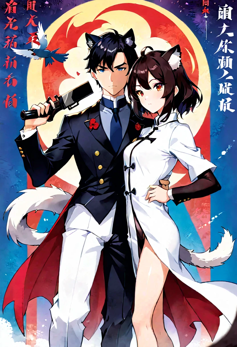 movie poster, movie artwork, concept art of love, romance novel cover, highres, top quality, best quality, perfect artwork, absurdres, perfect anatomy(couple, young 1male detective, 1woman in Chinese dress)(furry, kemono, anthro))with some elements of 007, battle,