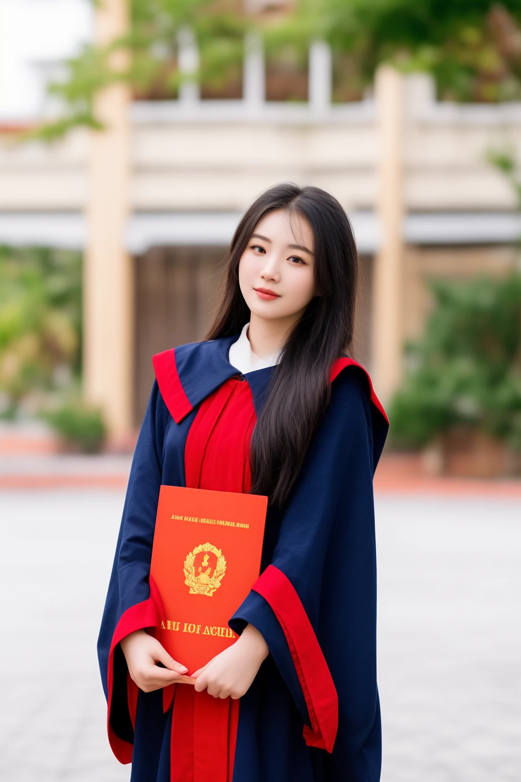 arafed asian woman in a graduation gown holding a red book, wearing an academic gown, graduation photo, ao dai, mid shot portrait, portrait shot, student, mai anh tran, closeup portrait shot, photoshot, dang my linh, hoang long ly, a young asian woman, high quality image, young asian girl, quy ho, iu